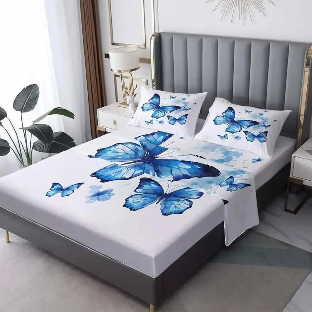Blue Butterfly Bed Sheet Set 4-Piece Queen Bedding